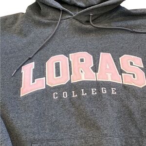 loras college‎ sweatshirt gray pink embroidered hoodie sz Large Vintage champion
